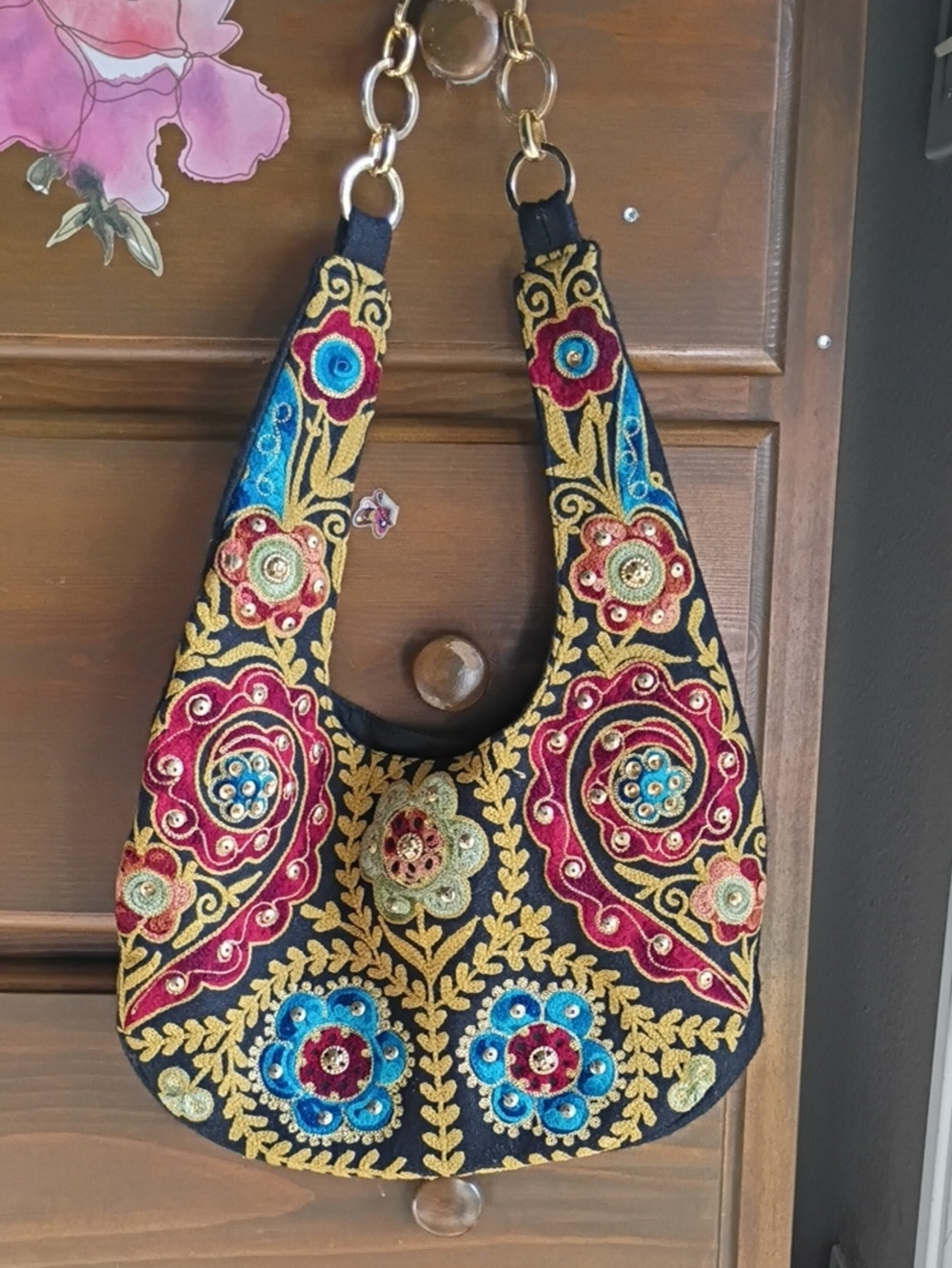 Embroidered Floral Hobo Shoulder Bag in Black with Multicolor Accents
